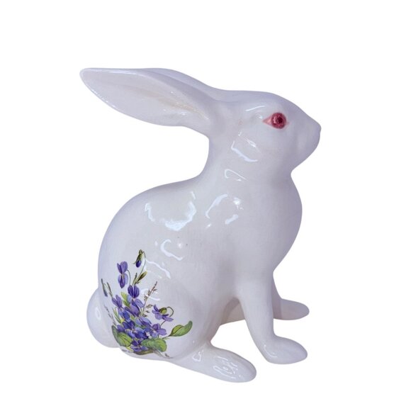 1980s Hand Painted White Rabbit Figurine Purple Violets Flowers Signed Ceramic - Picture 7 of 10
